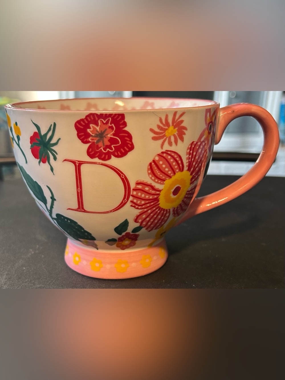 Floral Monogram 'D' Oversized ceramic Tea:coffee Cup - Pink & Yellow